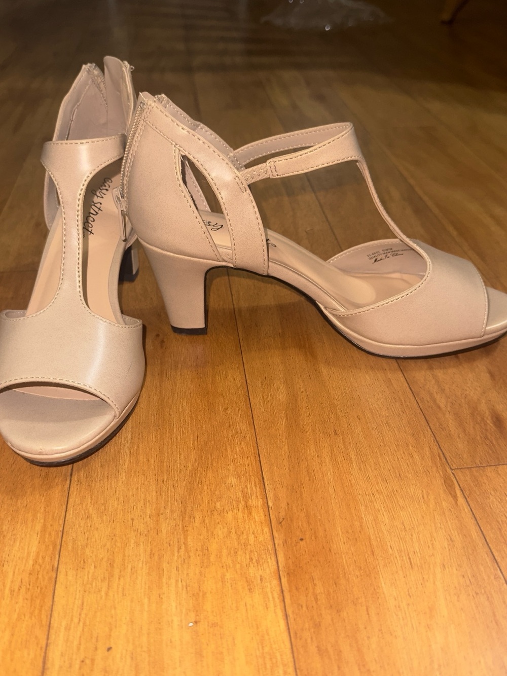 easy street Blush/Nude T-Strap Mid Heel Sandals